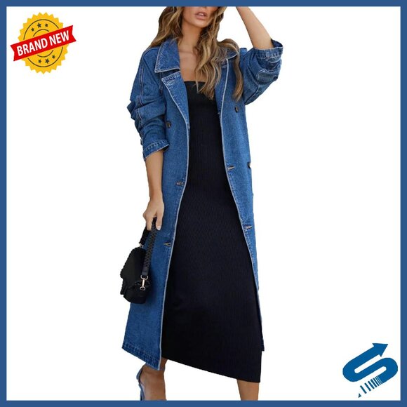 Vintage Notched Collar Double Breasted Denim Jacket Trench Coat with Belt